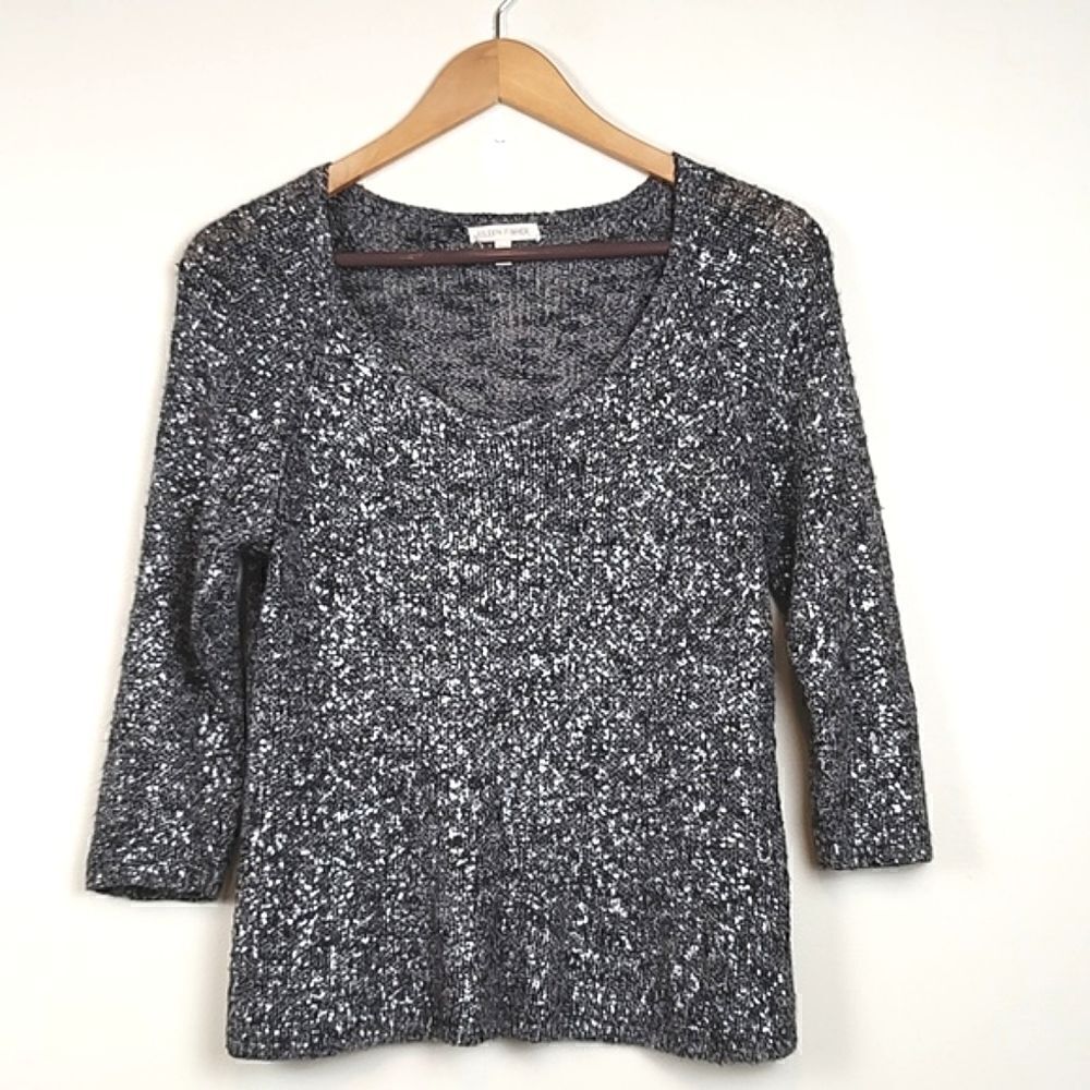 Eileen Fisher 3/4 Length Sleeve V-neck Metallic Silver and Black Top Size S